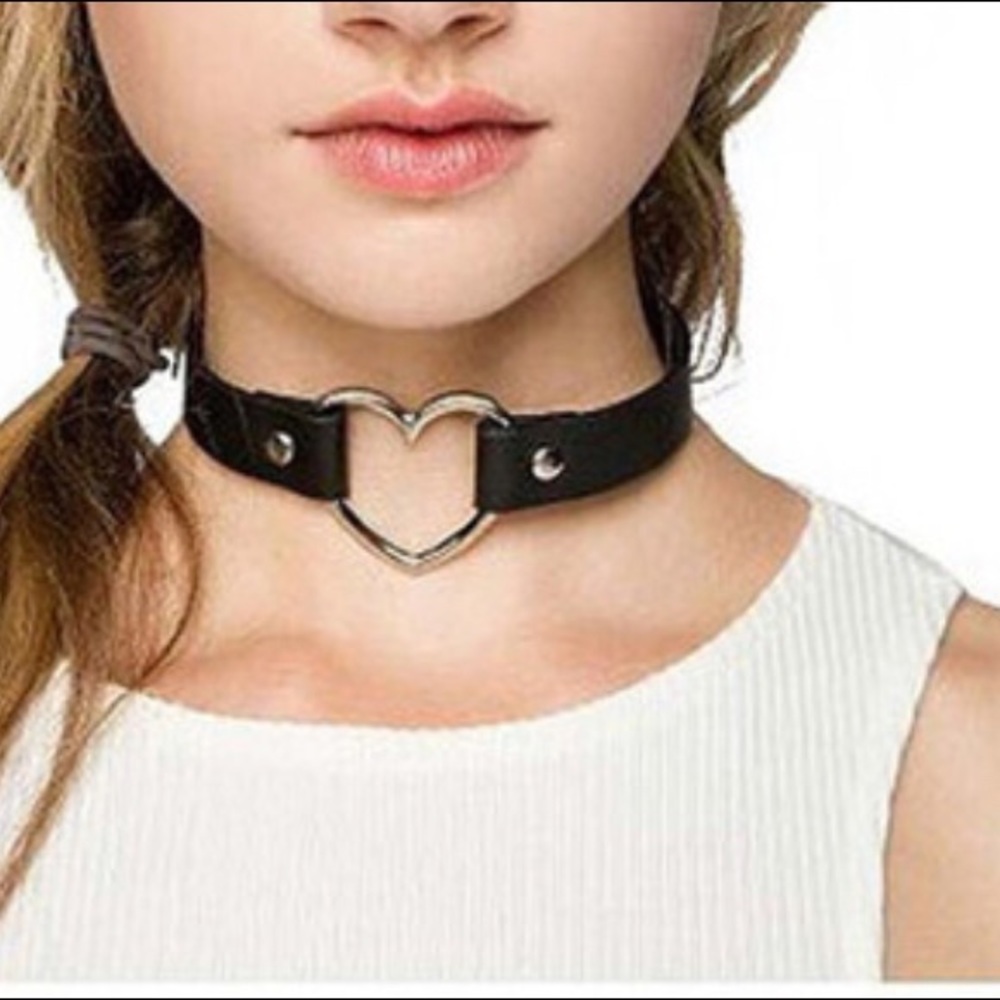 Leather Heart  Choker- Black Color